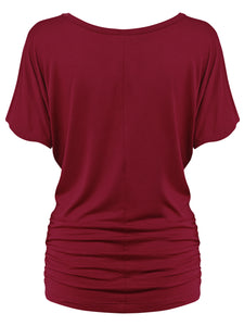 WT817 Women's Solid Short Sleeve Boat Neck Dolman Top with Side Shirring