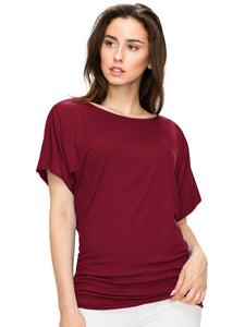 WT817 Women's Solid Short Sleeve Boat Neck Dolman Top with Side Shirring