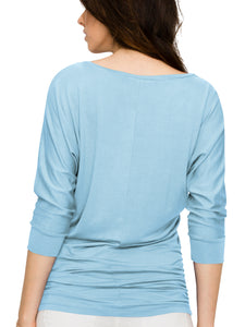 WT822 Women's Boat Neck 3/4 Sleeve Drape Dolman Shirt Top with Side Shirring