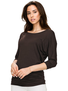 WT822 Women's Boat Neck 3/4 Sleeve Drape Dolman Shirt Top with Side Shirring