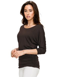 WT822 Women's Boat Neck 3/4 Sleeve Drape Dolman Shirt Top with Side Shirring