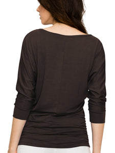 WT822 Women's Boat Neck 3/4 Sleeve Drape Dolman Shirt Top with Side Shirring