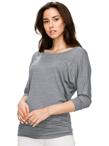 WT822 Women's Boat Neck 3/4 Sleeve Drape Dolman Shirt Top with Side Shirring