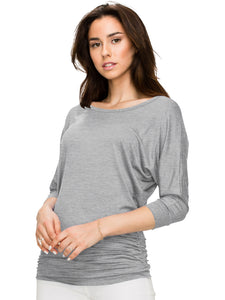 WT822 Women's Boat Neck 3/4 Sleeve Drape Dolman Shirt Top with Side Shirring