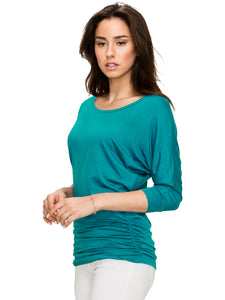 WT822 Women's Boat Neck 3/4 Sleeve Drape Dolman Shirt Top with Side Shirring