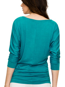 WT822 Women's Boat Neck 3/4 Sleeve Drape Dolman Shirt Top with Side Shirring