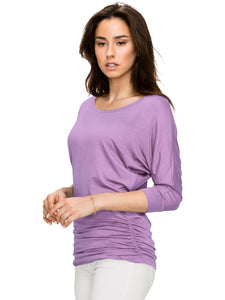 WT822 Women's Boat Neck 3/4 Sleeve Drape Dolman Shirt Top with Side Shirring