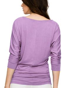 WT822 Women's Boat Neck 3/4 Sleeve Drape Dolman Shirt Top with Side Shirring