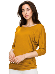 WT822 Women's Boat Neck 3/4 Sleeve Drape Dolman Shirt Top with Side Shirring