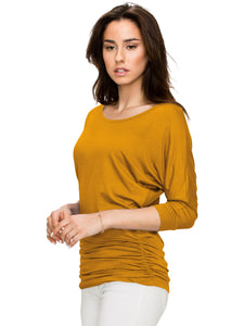 WT822 Women's Boat Neck 3/4 Sleeve Drape Dolman Shirt Top with Side Shirring