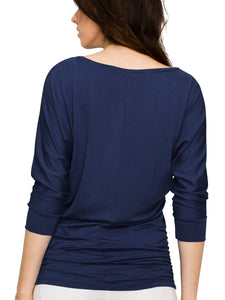 WT822 Women's Boat Neck 3/4 Sleeve Drape Dolman Shirt Top with Side Shirring