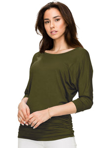WT822 Women's Boat Neck 3/4 Sleeve Drape Dolman Shirt Top with Side Shirring
