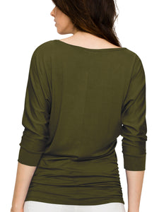 WT822 Women's Boat Neck 3/4 Sleeve Drape Dolman Shirt Top with Side Shirring