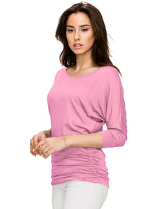 WT822 Women's Boat Neck 3/4 Sleeve Drape Dolman Shirt Top with Side Shirring