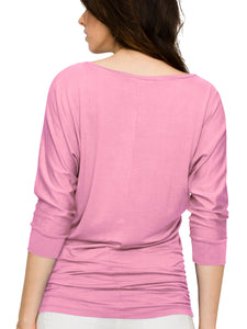 WT822 Women's Boat Neck 3/4 Sleeve Drape Dolman Shirt Top with Side Shirring