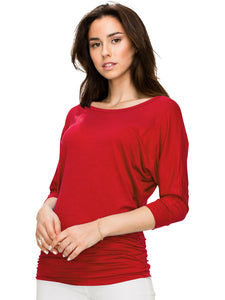 WT822 Women's Boat Neck 3/4 Sleeve Drape Dolman Shirt Top with Side Shirring