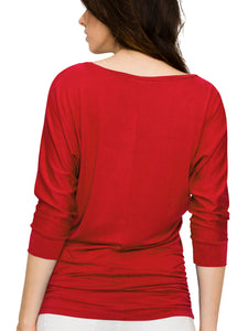 WT822 Women's Boat Neck 3/4 Sleeve Drape Dolman Shirt Top with Side Shirring
