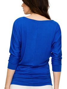 WT822 Women's Boat Neck 3/4 Sleeve Drape Dolman Shirt Top with Side Shirring