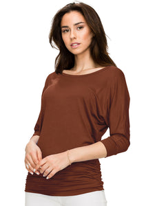 WT822 Women's Boat Neck 3/4 Sleeve Drape Dolman Shirt Top with Side Shirring