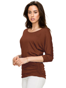 WT822 Women's Boat Neck 3/4 Sleeve Drape Dolman Shirt Top with Side Shirring