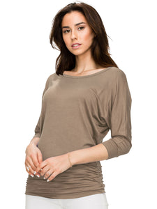 WT822 Women's Boat Neck 3/4 Sleeve Drape Dolman Shirt Top with Side Shirring