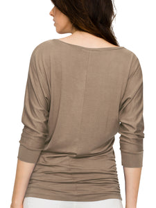 WT822 Women's Boat Neck 3/4 Sleeve Drape Dolman Shirt Top with Side Shirring