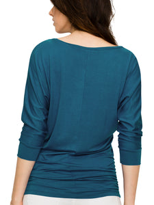 WT822 Women's Boat Neck 3/4 Sleeve Drape Dolman Shirt Top with Side Shirring