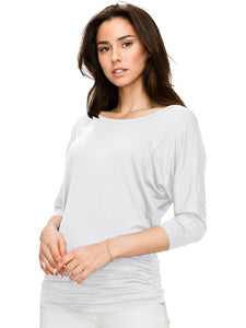 WT822 Women's Boat Neck 3/4 Sleeve Drape Dolman Shirt Top with Side Shirring