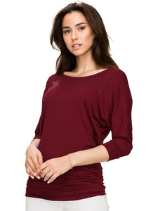 WT822 Women's Boat Neck 3/4 Sleeve Drape Dolman Shirt Top with Side Shirring